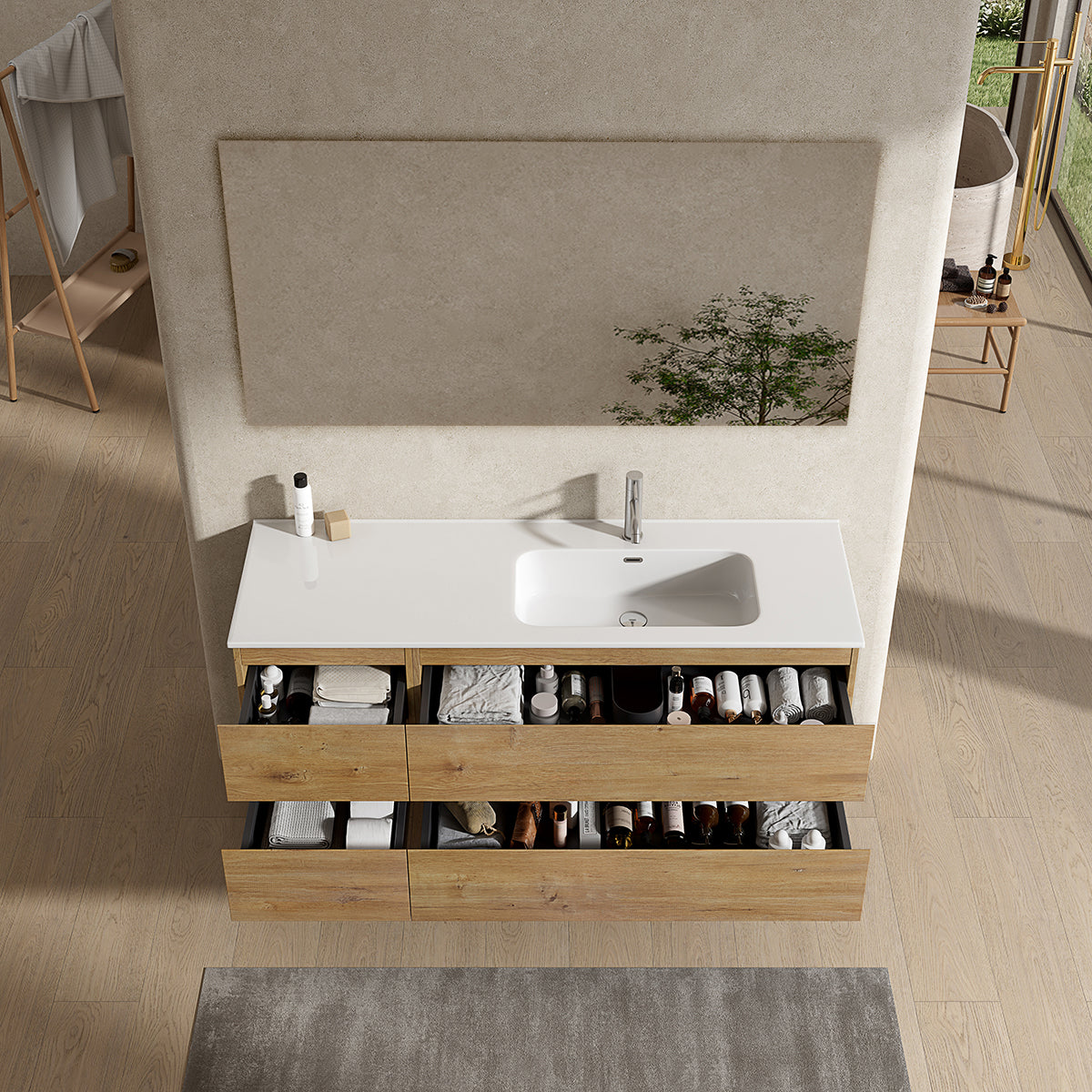 Mobile bagno sospeso 140 cm Bruno Medio Lavabo a Destra in Resina Specchio Quadro - Fiji Wood