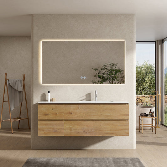 Mobile bagno sospeso 140 cm Bruno Medio Lavabo a Destra in Resina Specchio Quadro Retroilluminato - Fiji Wood