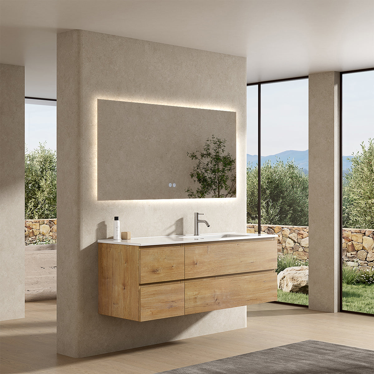 Mobile bagno sospeso 140 cm Bruno Medio Lavabo a Destra in Resina Specchio Quadro Retroilluminato - Fiji Wood