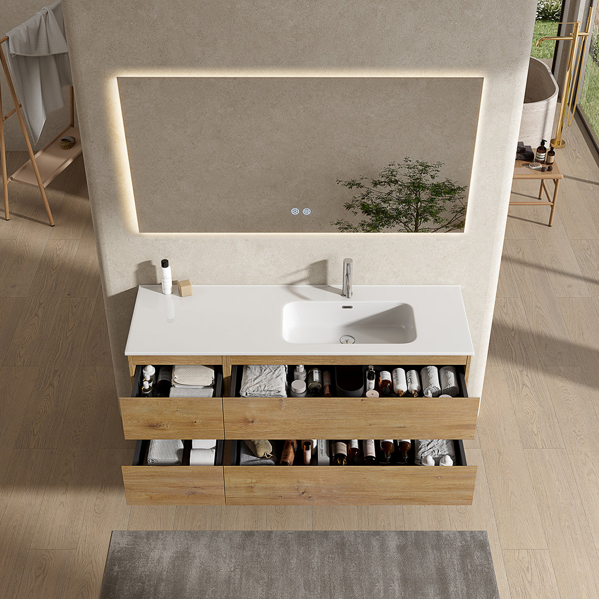 Mobile bagno sospeso 140 cm Bruno Medio Lavabo a Destra in Resina Specchio Quadro Retroilluminato - Fiji Wood