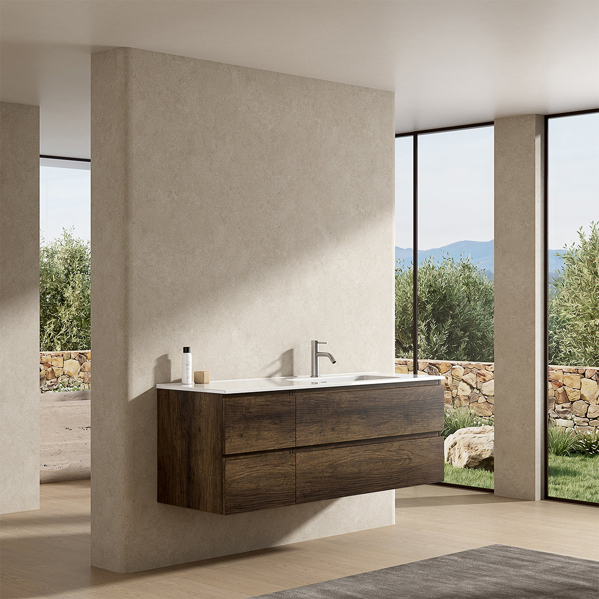 Mobile bagno sospeso 140 cm Bruno Scuro Lavabo a Destra in Resina Senza Specchio - Fiji Wood