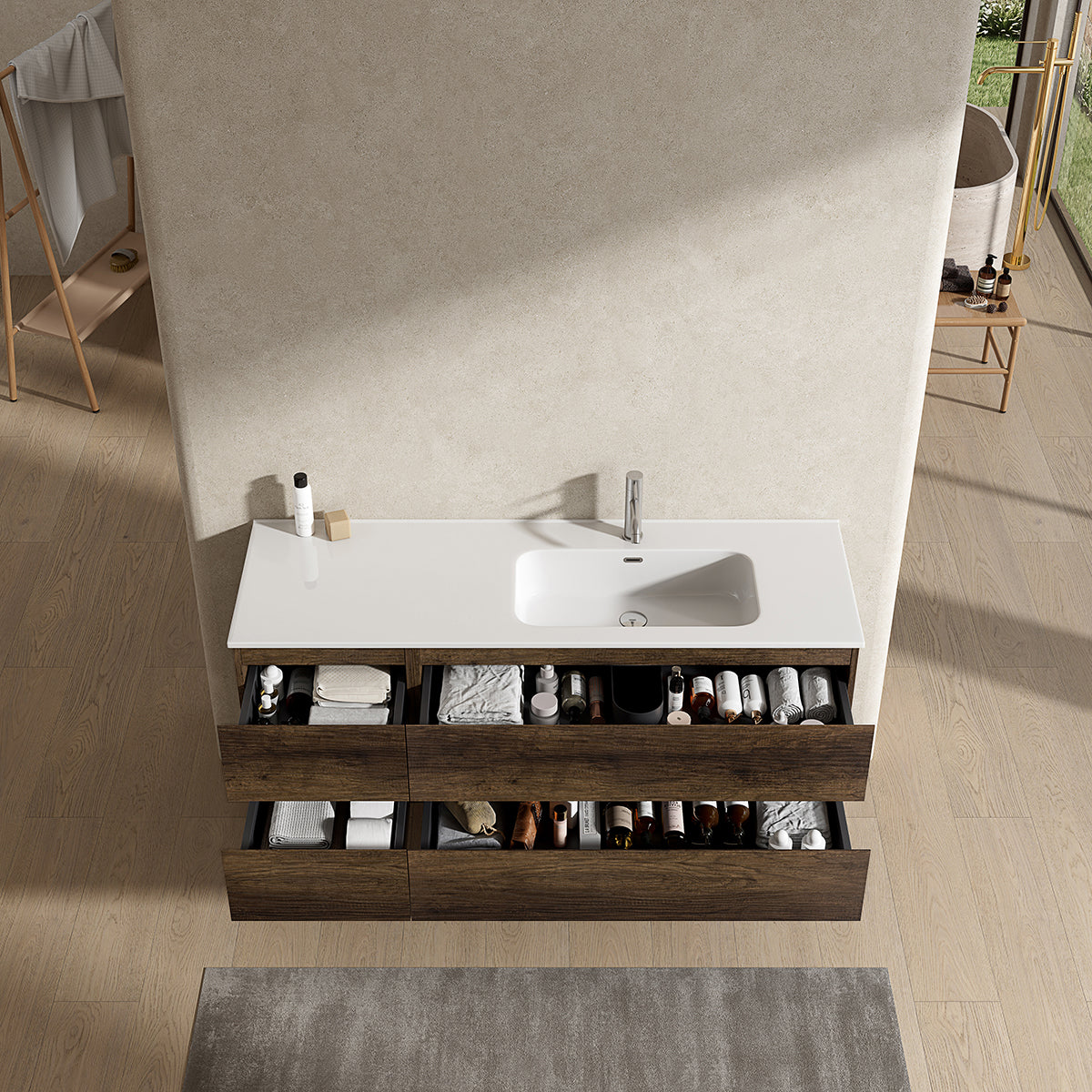 Mobile bagno sospeso 140 cm Bruno Scuro Lavabo a Destra in Resina Senza Specchio - Fiji Wood