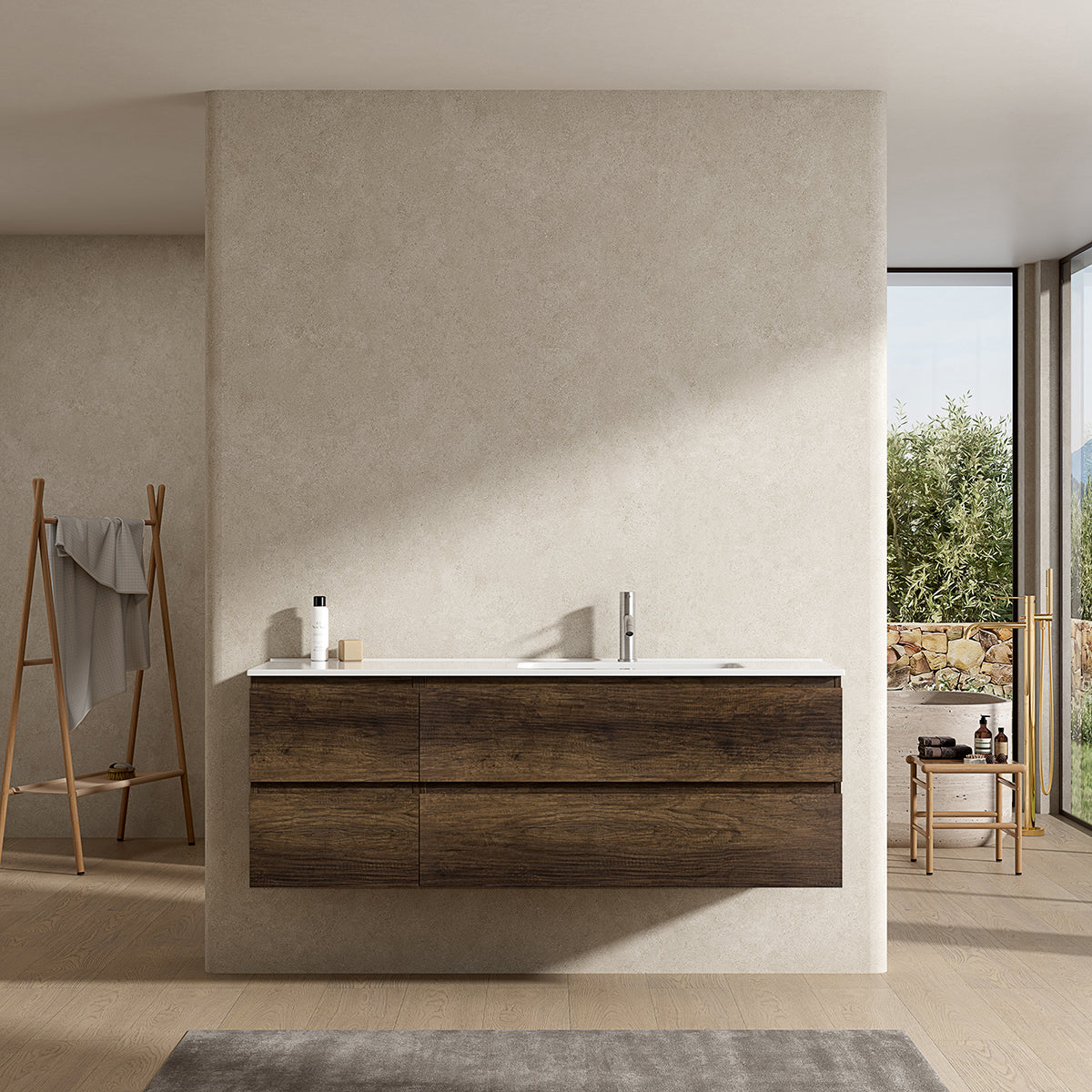 Mobile bagno sospeso 140 cm Bruno Scuro Lavabo a Destra in Resina Senza Specchio - Fiji Wood