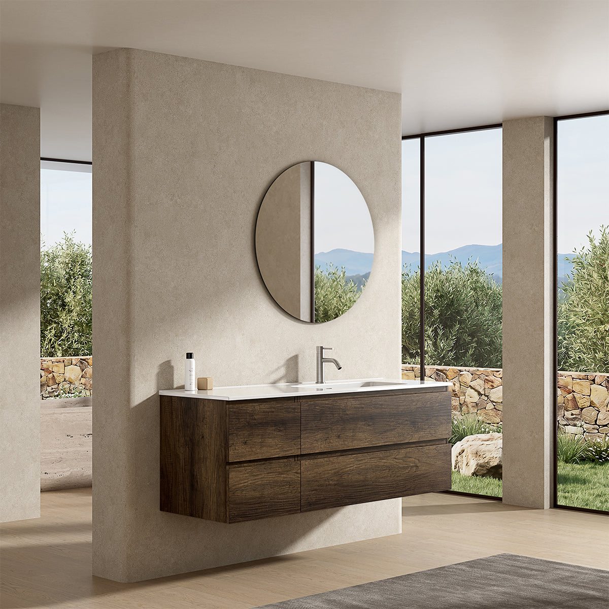 Mobile bagno sospeso 140 cm Bruno Scuro Lavabo a Destra in Resina Specchio Tondo - Fiji Wood