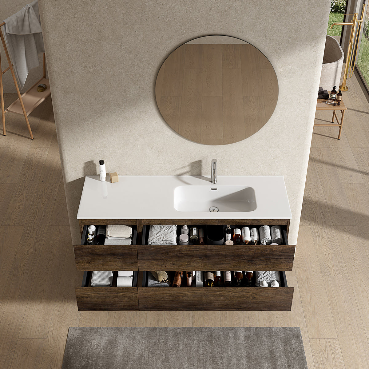 Mobile bagno sospeso 140 cm Bruno Scuro Lavabo a Destra in Resina Specchio Tondo - Fiji Wood