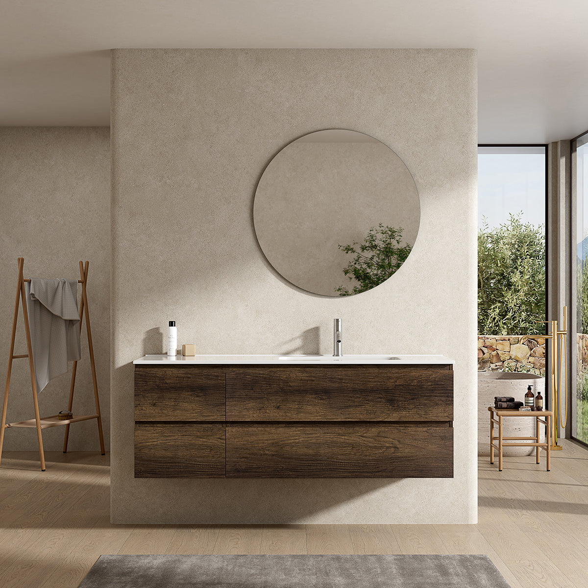 Mobile bagno sospeso 140 cm Bruno Scuro Lavabo a Destra in Resina Specchio Tondo - Fiji Wood