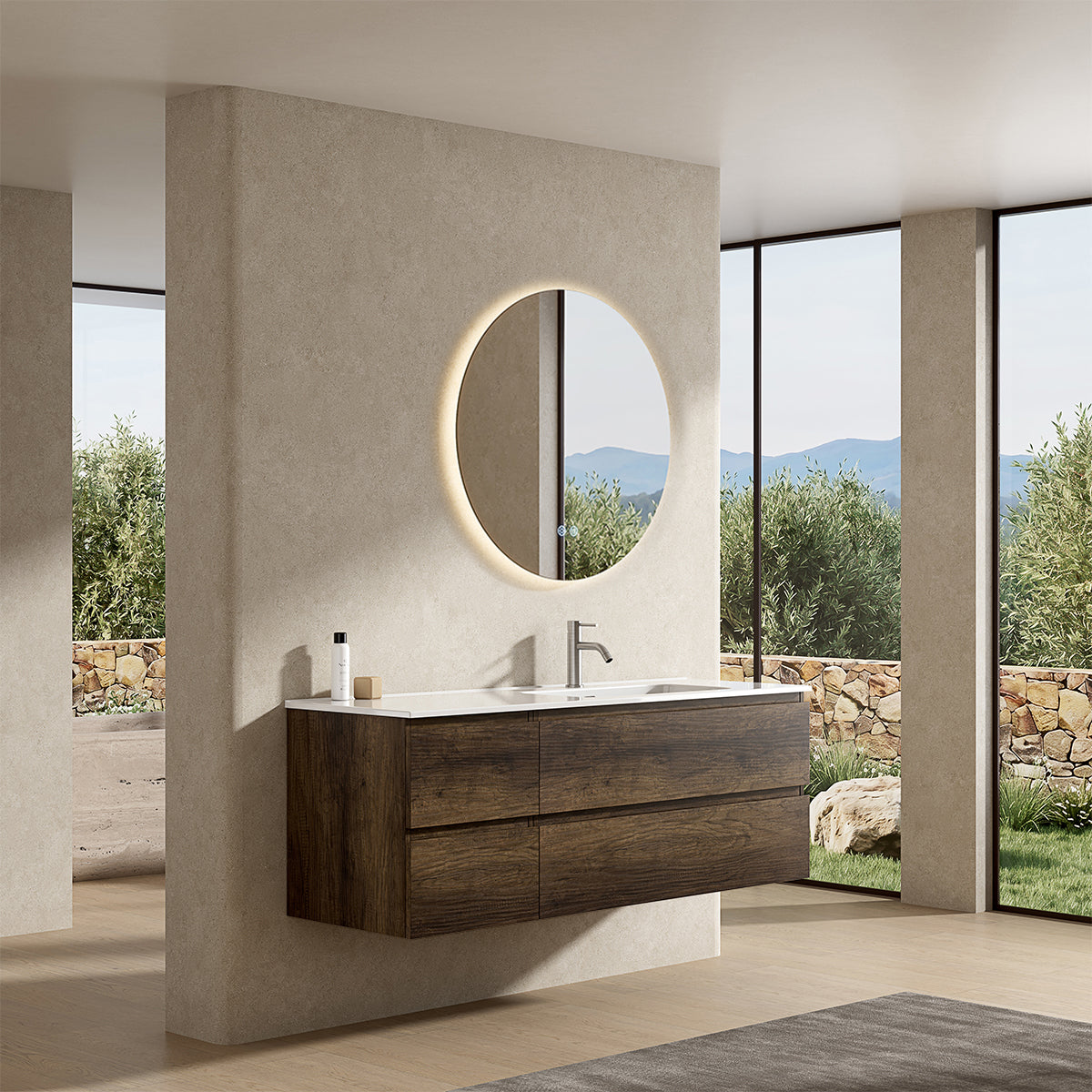 Mobile bagno sospeso 140 cm Bruno Scuro Lavabo a Destra in Resina Specchio Tondo Retroilluminato - Fiji Wood