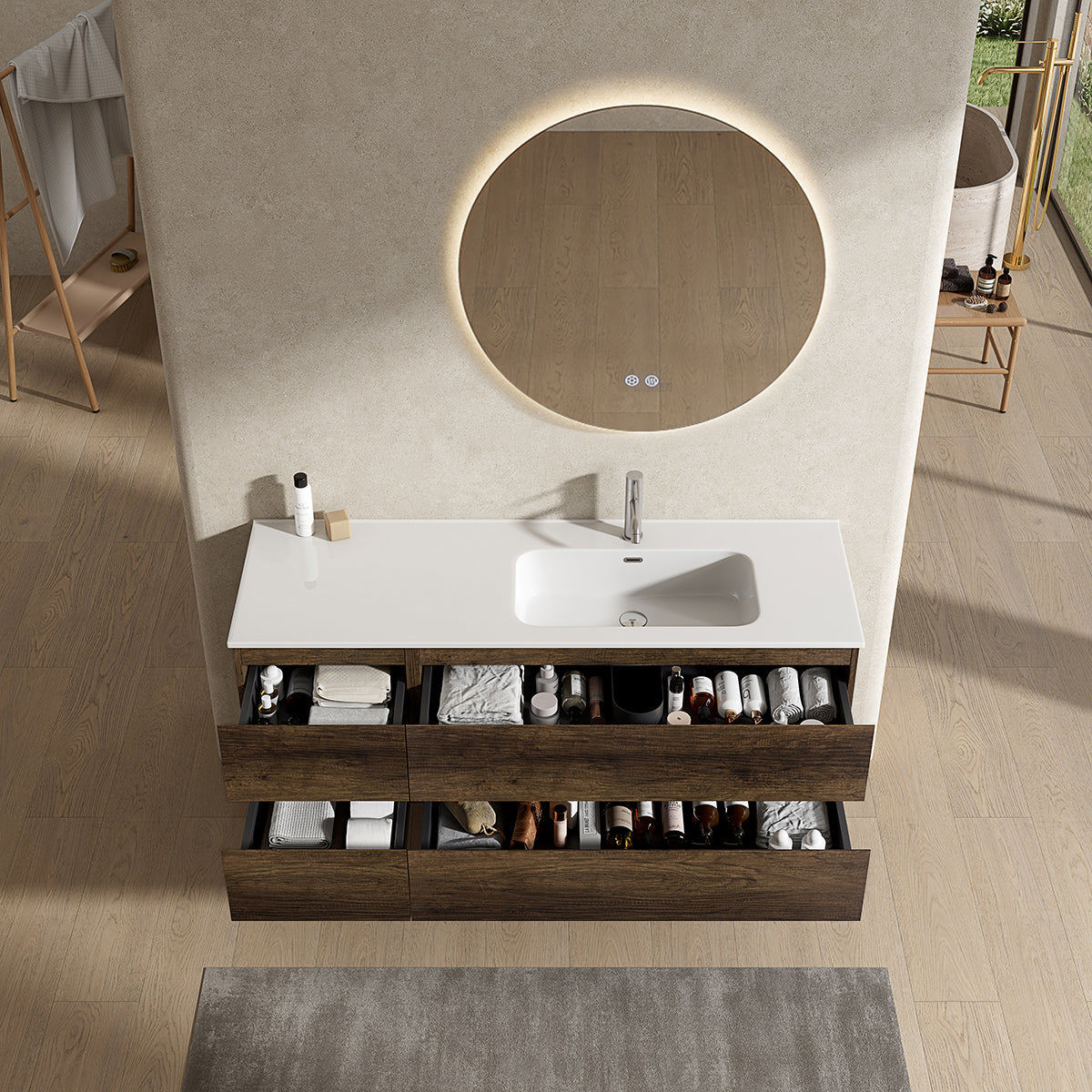 Mobile bagno sospeso 140 cm Bruno Scuro Lavabo a Destra in Resina Specchio Tondo Retroilluminato - Fiji Wood