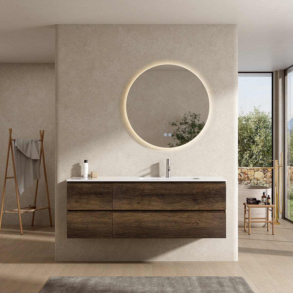 Mobile bagno sospeso 140 cm Bruno Scuro Lavabo a Destra in Resina Specchio Tondo Retroilluminato - Fiji Wood