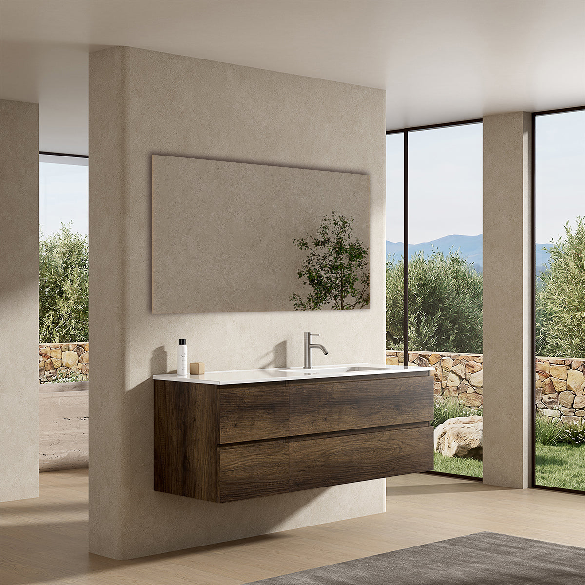 Mobile bagno sospeso 140 cm Bruno Scuro Lavabo a Destra in Resina Specchio Quadro - Fiji Wood