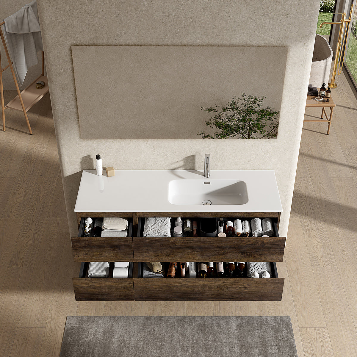 Mobile bagno sospeso 140 cm Bruno Scuro Lavabo a Destra in Resina Specchio Quadro - Fiji Wood