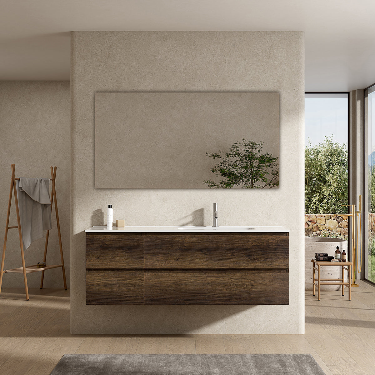 Mobile bagno sospeso 140 cm Bruno Scuro Lavabo a Destra in Resina Specchio Quadro - Fiji Wood
