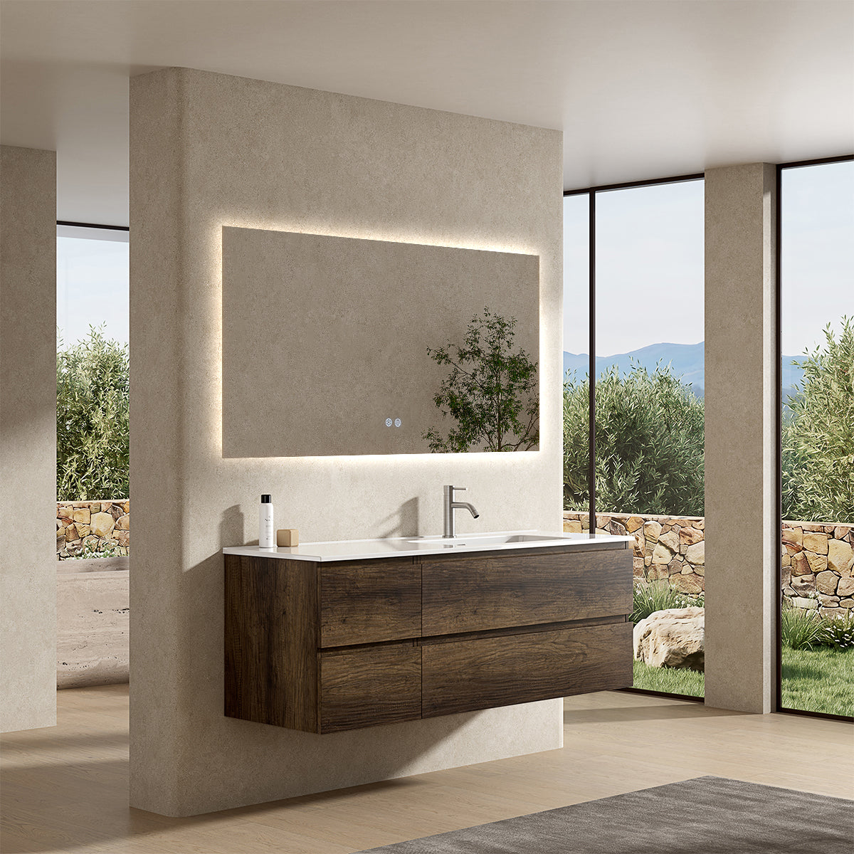 Mobile bagno sospeso 140 cm Bruno Scuro Lavabo a Destra in Resina Specchio Quadro Retroilluminato - Fiji Wood