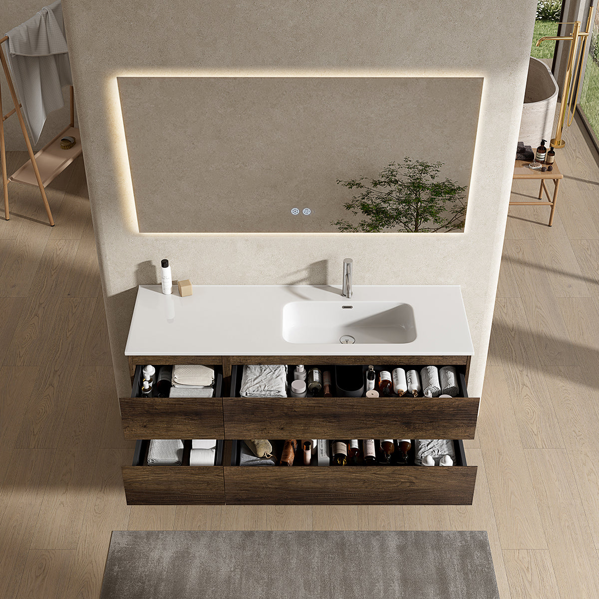 Mobile bagno sospeso 140 cm Bruno Scuro Lavabo a Destra in Resina Specchio Quadro Retroilluminato - Fiji Wood
