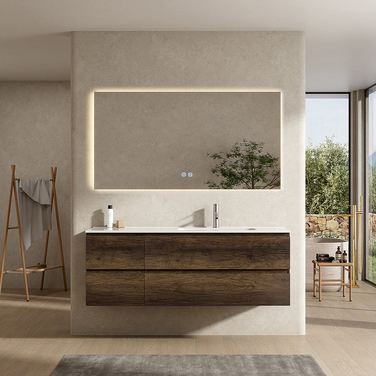 Mobile bagno sospeso 140 cm Bruno Scuro Lavabo a Destra in Resina Specchio Quadro Retroilluminato - Fiji Wood