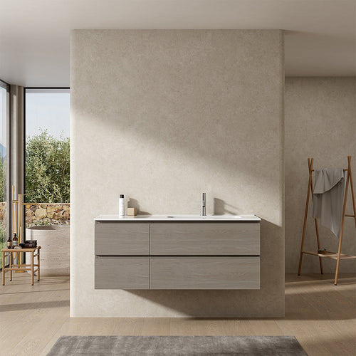 Mobile bagno sospeso 120 cm Beige Lavabo a Destra in Ceramica Senza Specchio - Fiji Wood