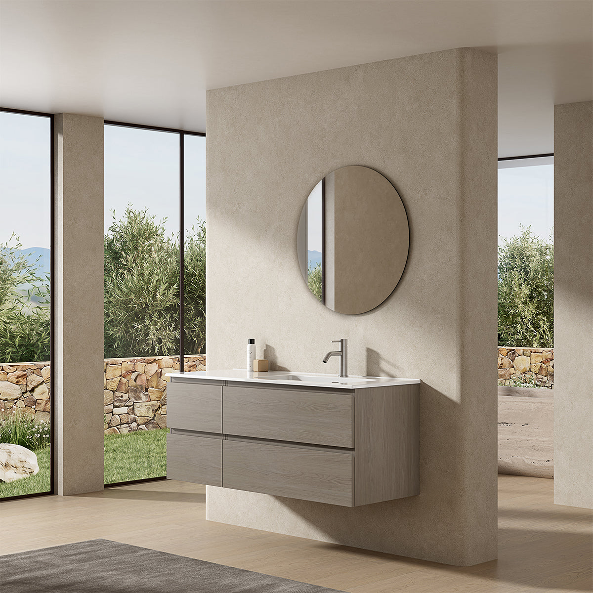 Mobile bagno sospeso 120 cm Beige Lavabo a Destra in Ceramica Specchio Tondo - Fiji Wood