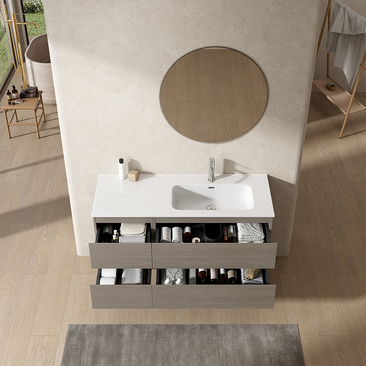 Mobile bagno sospeso 120 cm Beige Lavabo a Destra in Ceramica Specchio Tondo - Fiji Wood