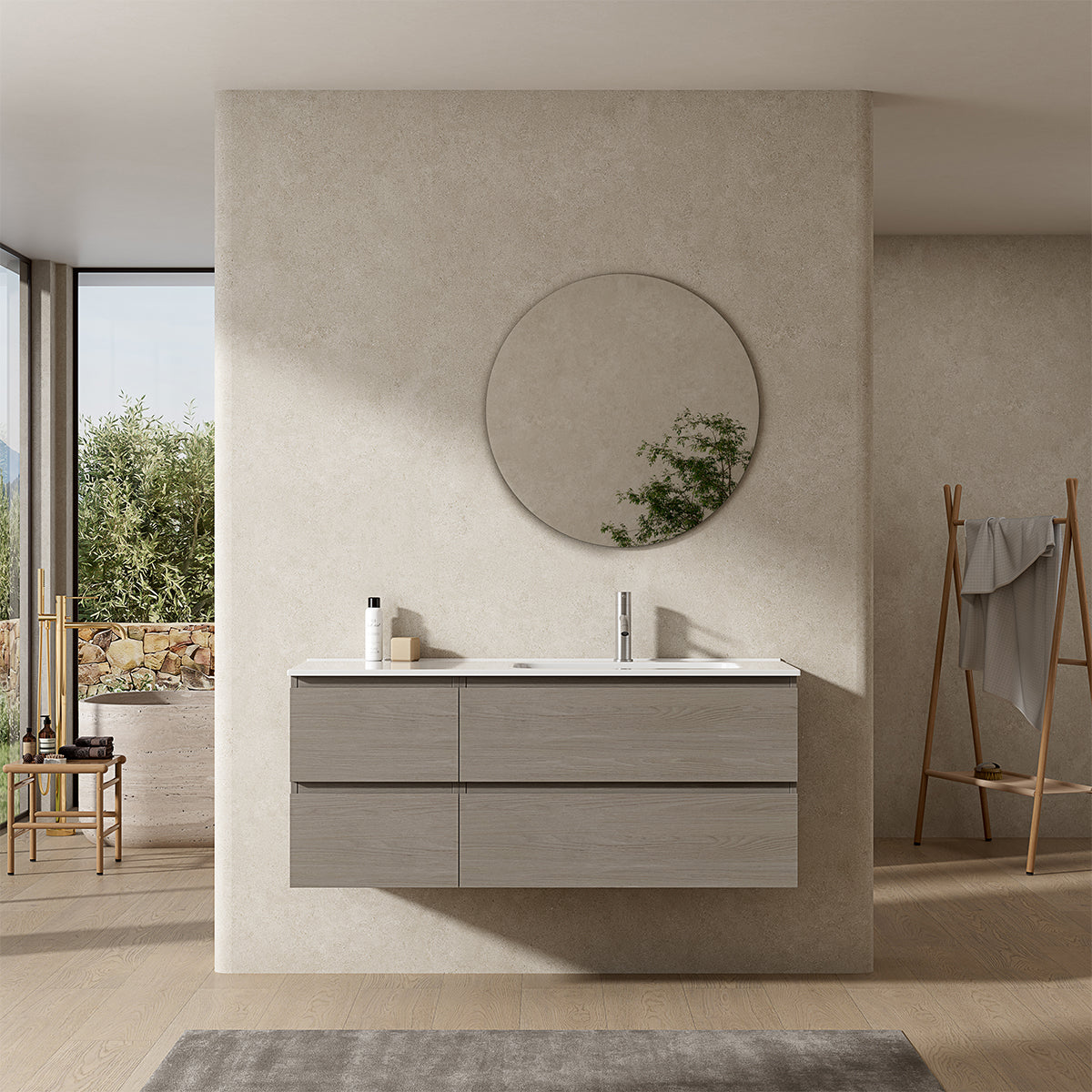 Mobile bagno sospeso 120 cm Beige Lavabo a Destra in Ceramica Specchio Tondo - Fiji Wood