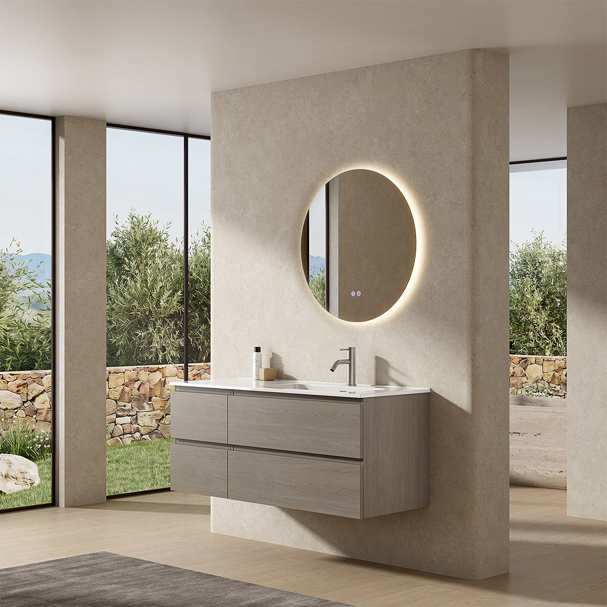 Mobile bagno sospeso 120 cm Beige Lavabo a Destra in Ceramica Specchio Tondo Retroilluminato - Fiji Wood