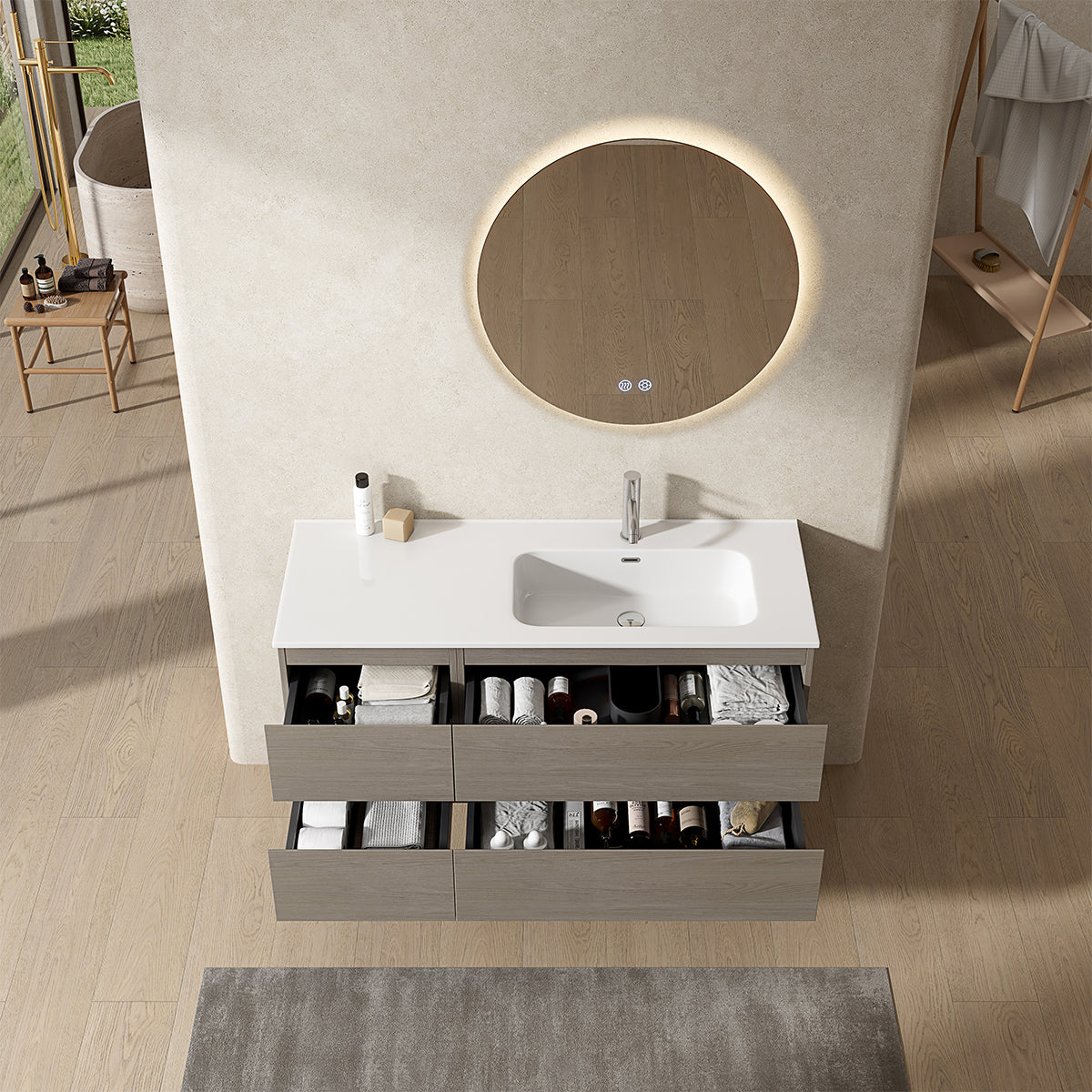 Mobile bagno sospeso 120 cm Beige Lavabo a Destra in Ceramica Specchio Tondo Retroilluminato - Fiji Wood