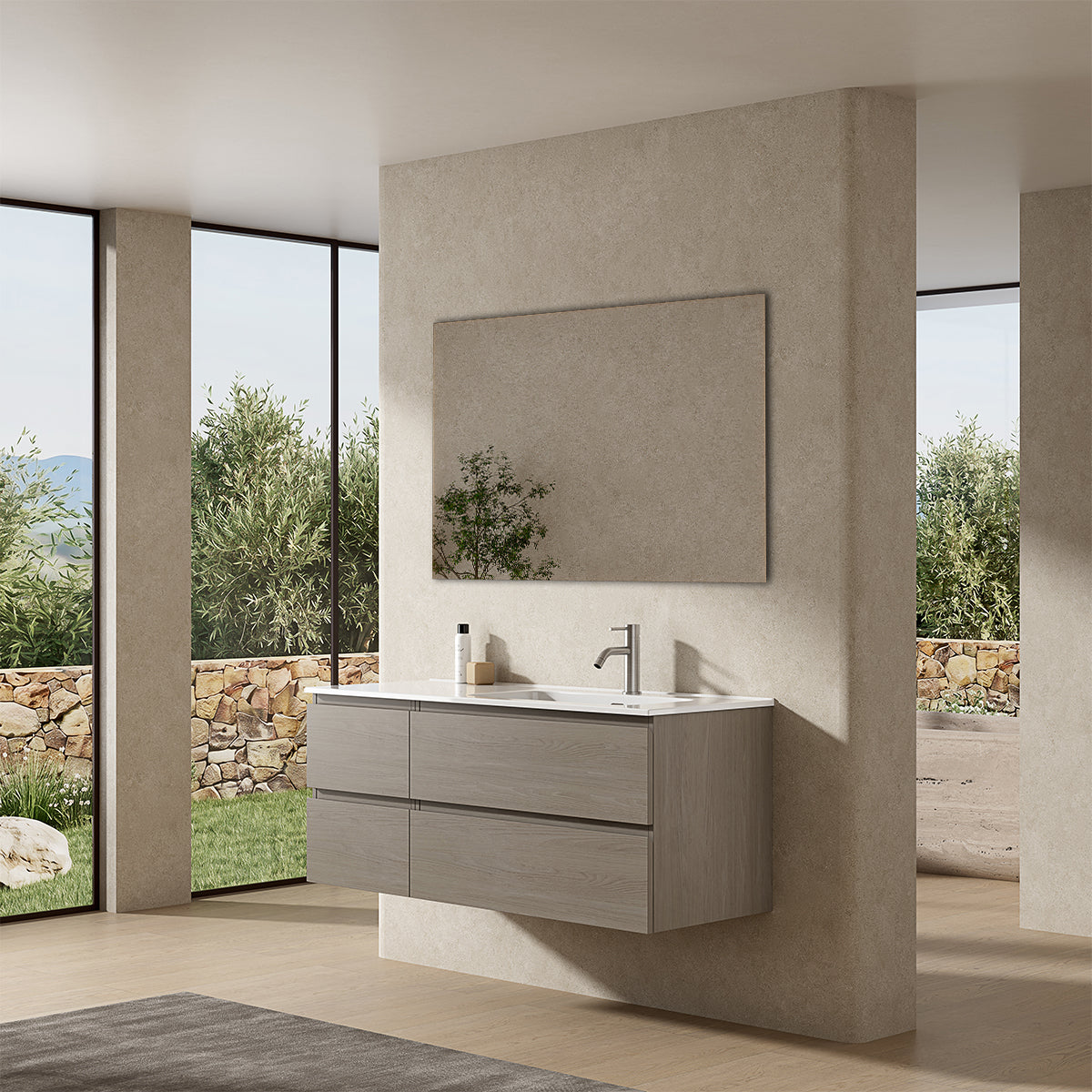 Mobile bagno sospeso 120 cm Beige Lavabo a Destra in Ceramica Specchio Quadro - Fiji Wood