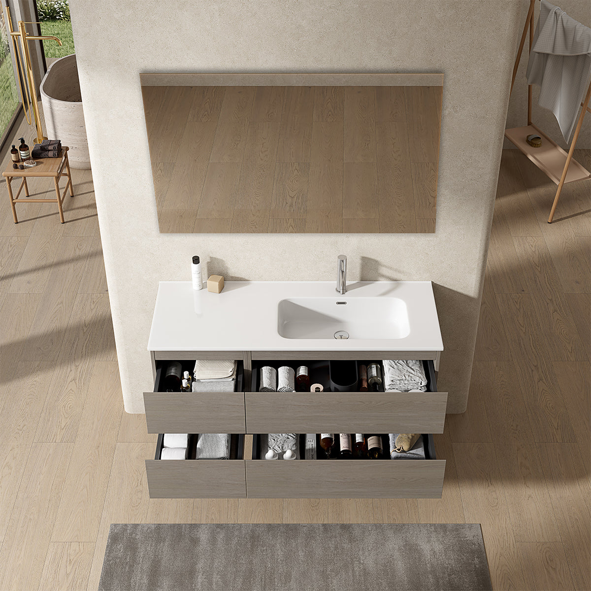 Mobile bagno sospeso 120 cm Beige Lavabo a Destra in Ceramica Specchio Quadro - Fiji Wood