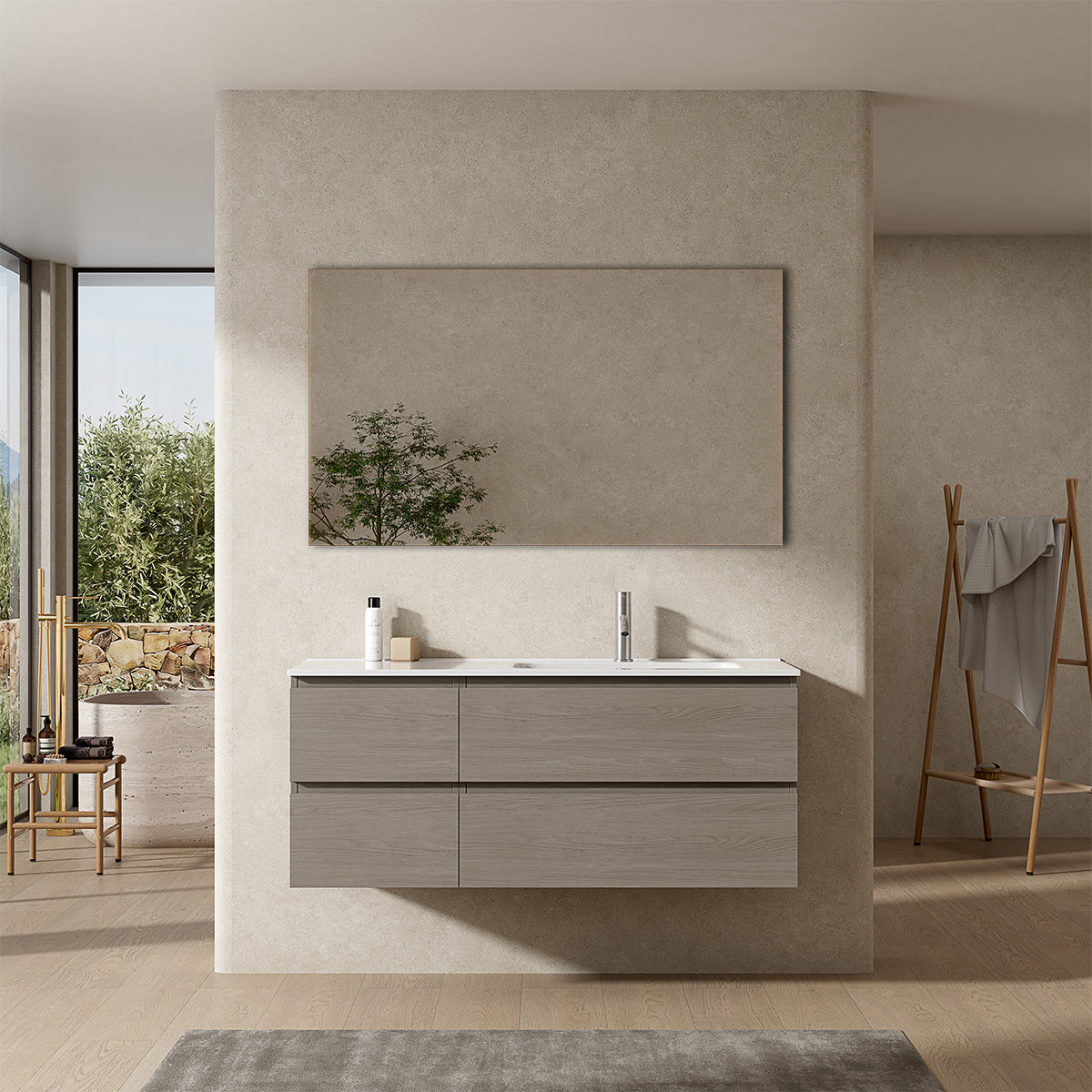 Mobile bagno sospeso 120 cm Beige Lavabo a Destra in Ceramica Specchio Quadro - Fiji Wood
