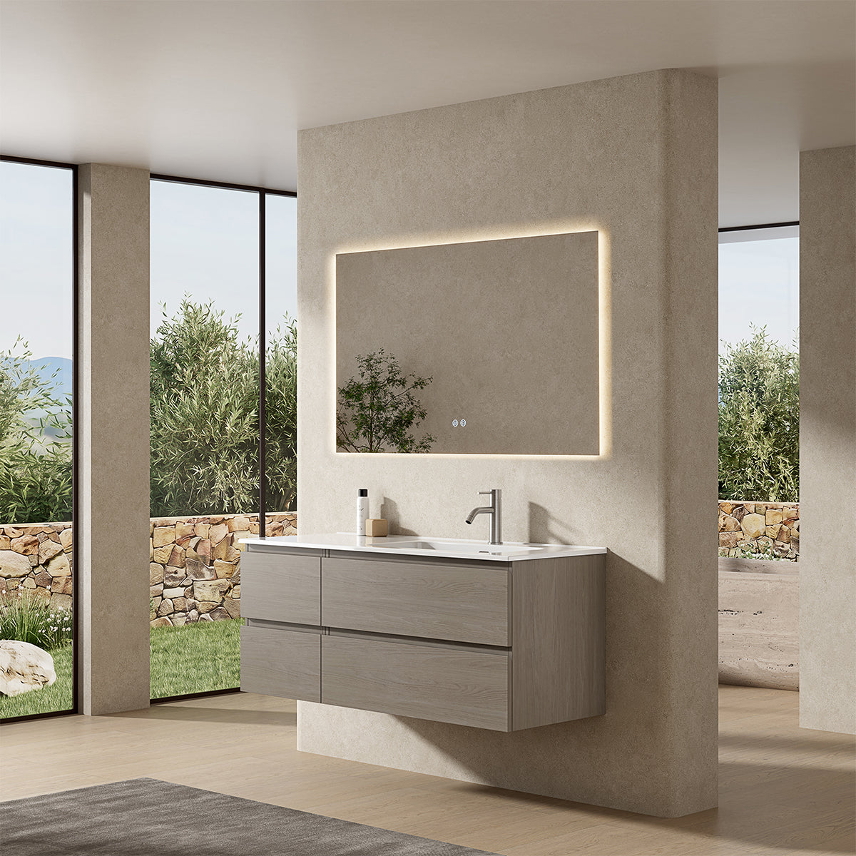 Mobile bagno sospeso 120 cm Beige Lavabo a Destra in Ceramica Specchio Quadro Retroilluminato - Fiji Wood