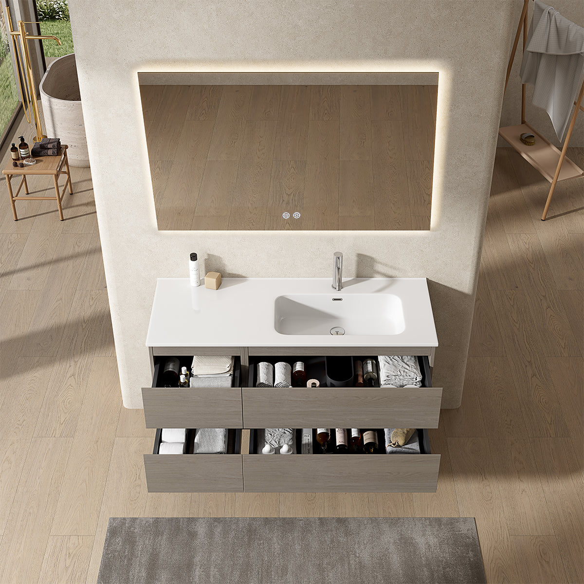 Mobile bagno sospeso 120 cm Beige Lavabo a Destra in Ceramica Specchio Quadro Retroilluminato - Fiji Wood