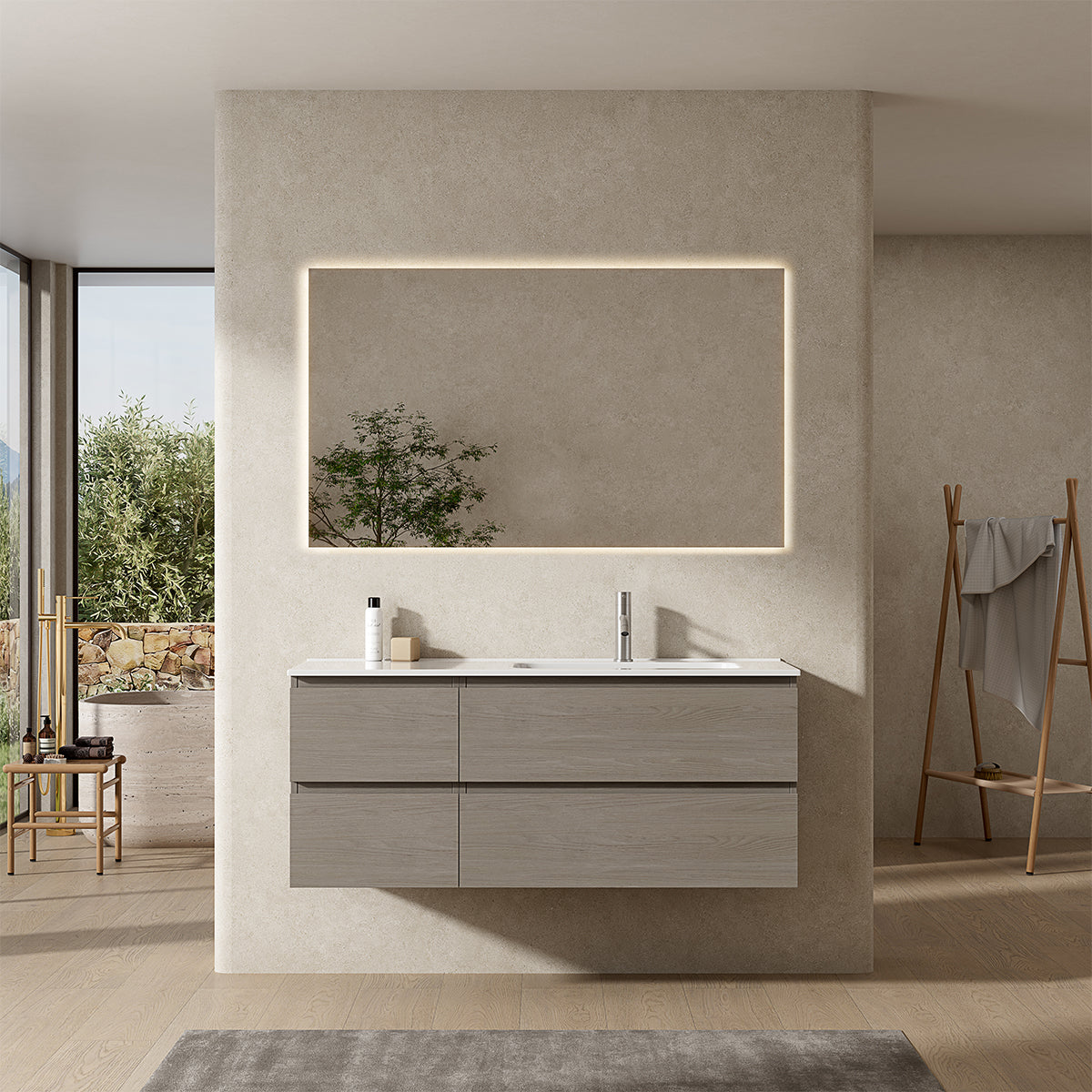 Mobile bagno sospeso 120 cm Beige Lavabo a Destra in Ceramica Specchio Quadro Retroilluminato - Fiji Wood