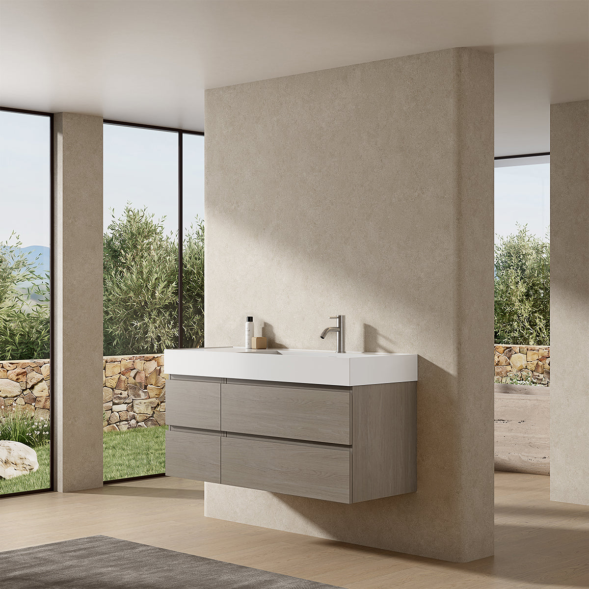 Mobile bagno sospeso 120 cm Beige Lavabo a Destra in Resina Senza Specchio - Fiji Wood