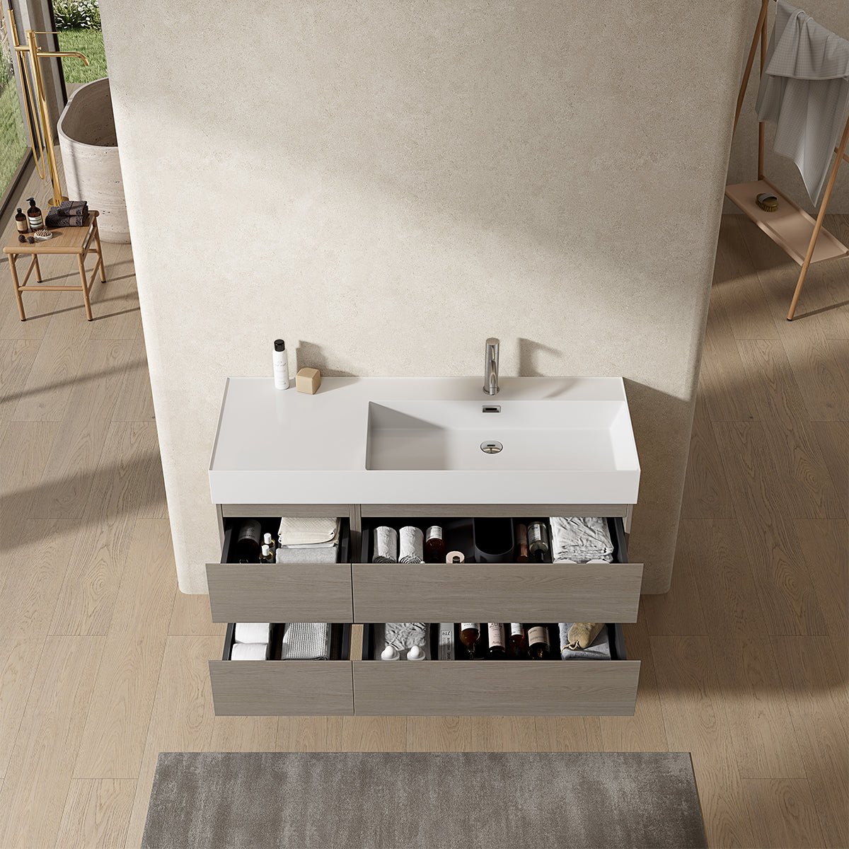 Mobile bagno sospeso 120 cm Beige Lavabo a Destra in Resina Senza Specchio - Fiji Wood