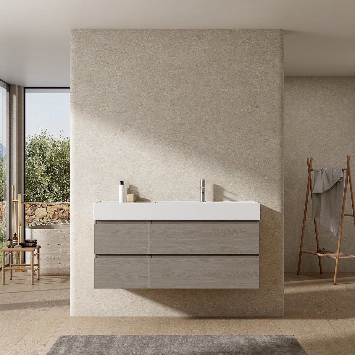 Mobile bagno sospeso 120 cm Beige Lavabo a Destra in Resina Senza Specchio - Fiji Wood