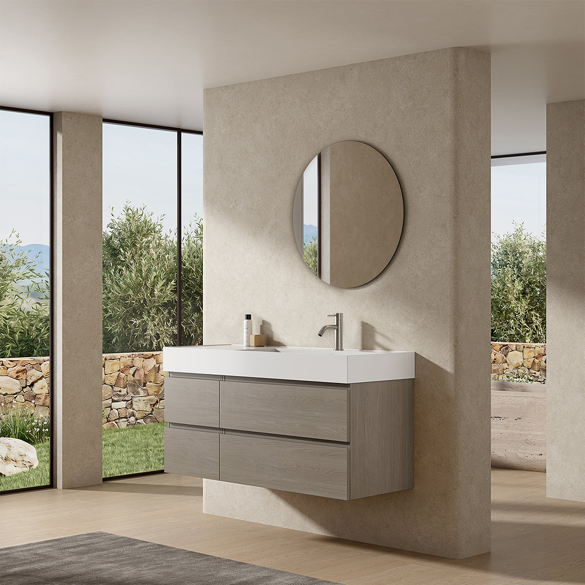 Mobile bagno sospeso 120 cm Beige Lavabo a Destra in Resina Specchio Tondo - Fiji Wood