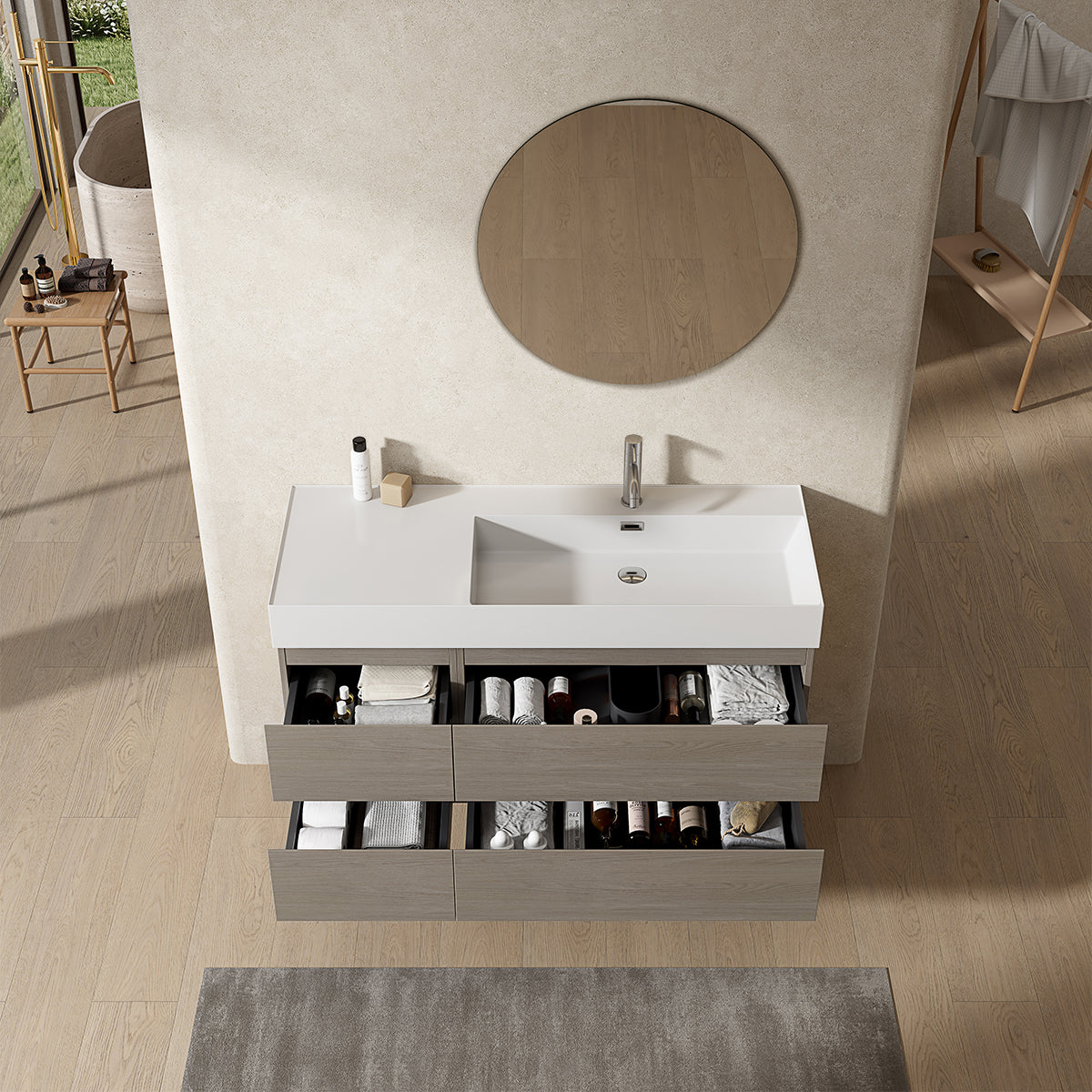 Mobile bagno sospeso 120 cm Beige Lavabo a Destra in Resina Specchio Tondo - Fiji Wood