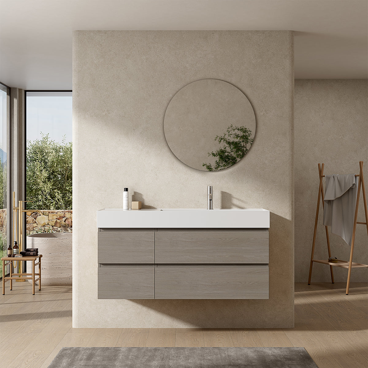 Mobile bagno sospeso 120 cm Beige Lavabo a Destra in Resina Specchio Tondo - Fiji Wood