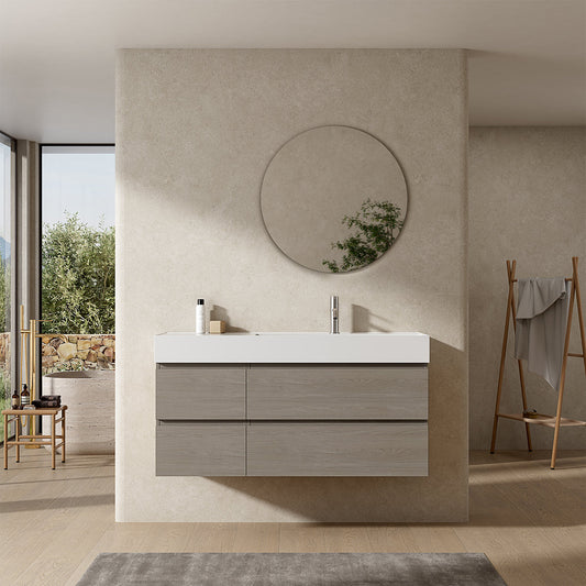 Mobile bagno sospeso 120 cm Beige Lavabo a Destra in Resina Specchio Tondo - Fiji Wood