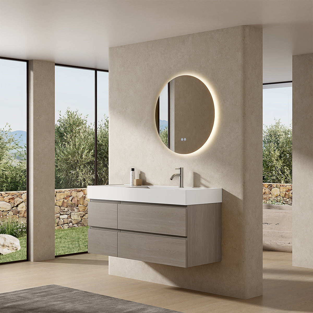 Mobile bagno sospeso 120 cm Beige Lavabo a Destra in Resina Specchio Tondo Retroilluminato - Fiji Wood