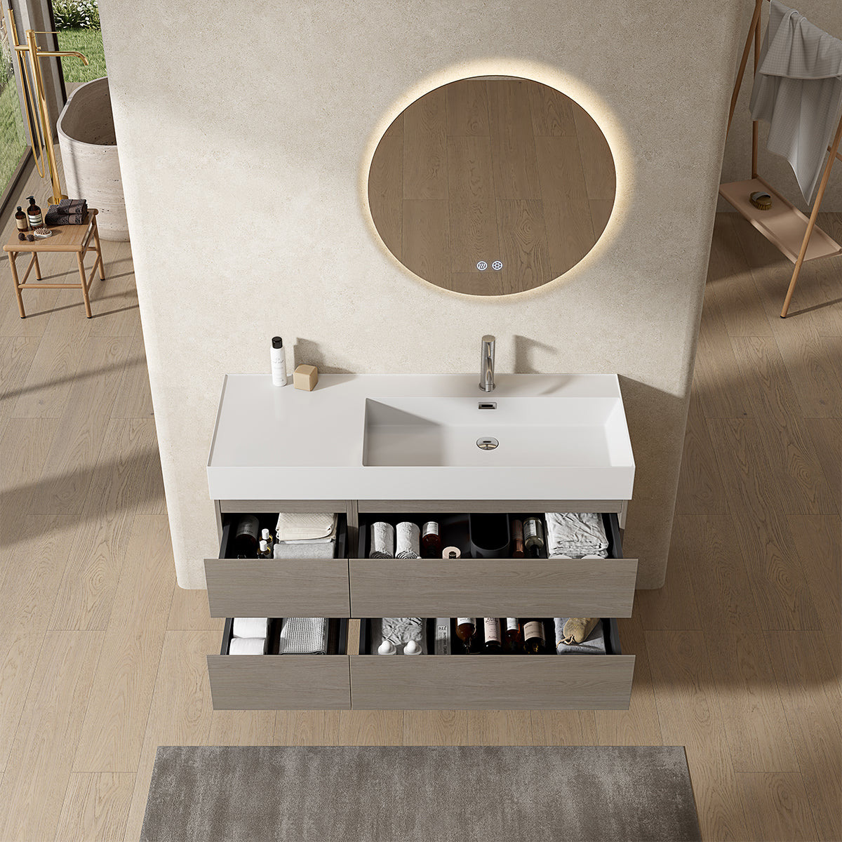 Mobile bagno sospeso 120 cm Beige Lavabo a Destra in Resina Specchio Tondo Retroilluminato - Fiji Wood