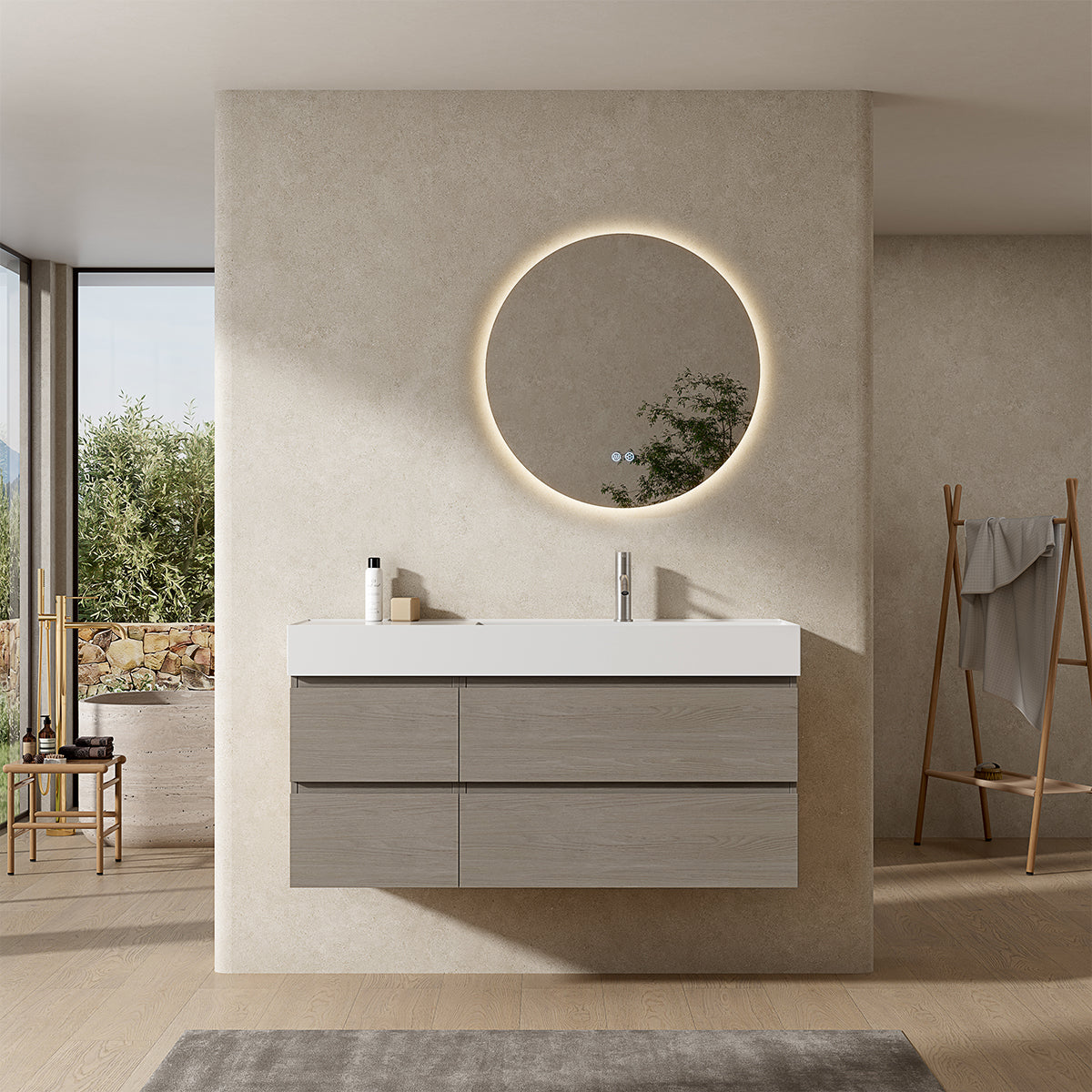 Mobile bagno sospeso 120 cm Beige Lavabo a Destra in Resina Specchio Tondo Retroilluminato - Fiji Wood