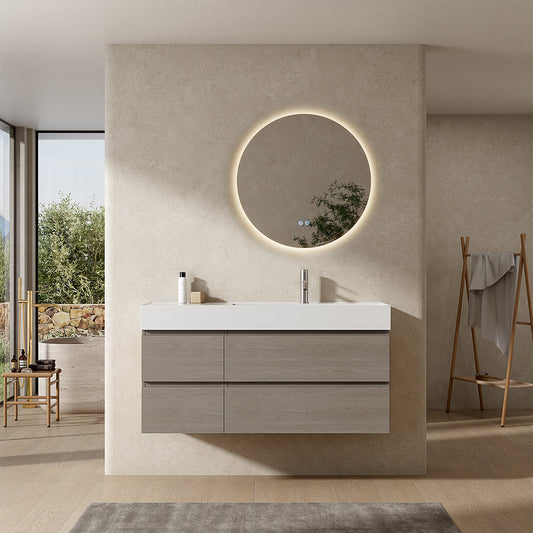 Mobile bagno sospeso 120 cm Beige Lavabo a Destra in Resina Specchio Tondo Retroilluminato - Fiji Wood