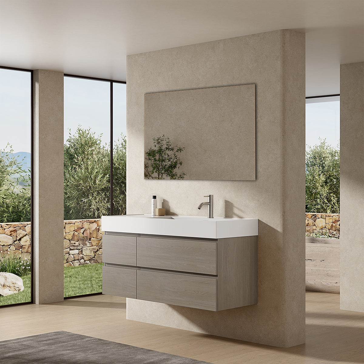 Mobile bagno sospeso 120 cm Beige Lavabo a Destra in Resina Specchio Quadro - Fiji Wood