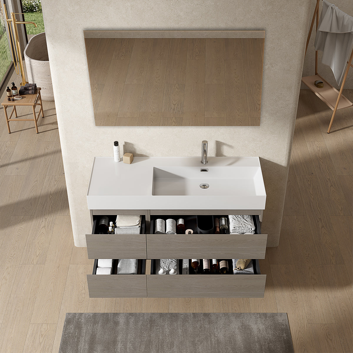 Mobile bagno sospeso 120 cm Beige Lavabo a Destra in Resina Specchio Quadro - Fiji Wood