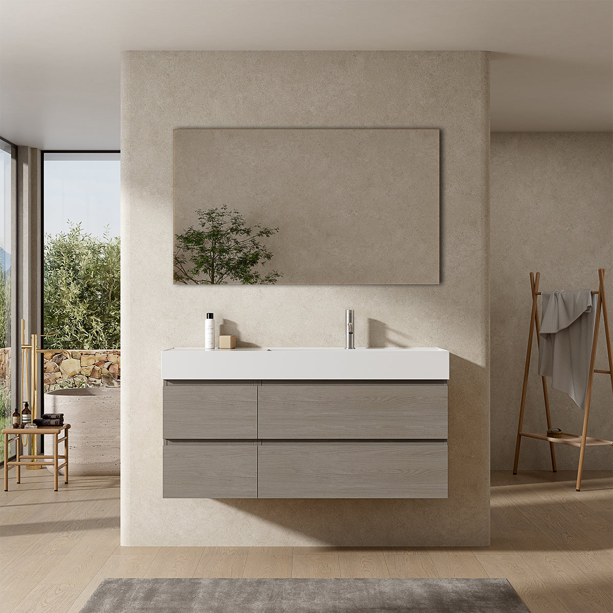 Mobile bagno sospeso 120 cm Beige Lavabo a Destra in Resina Specchio Quadro - Fiji Wood