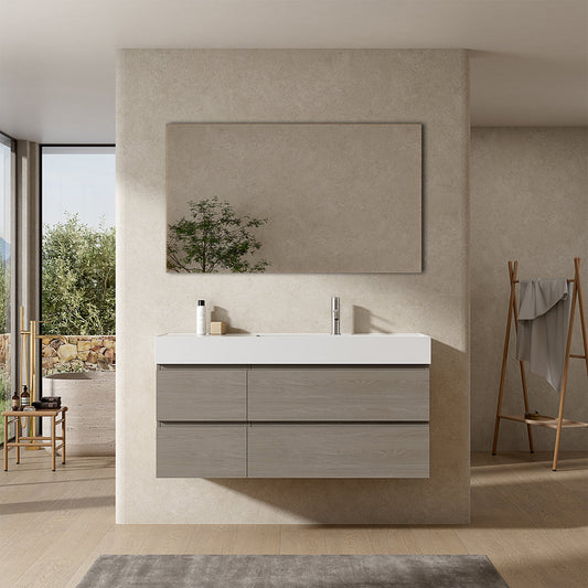 Mobile bagno sospeso 120 cm Beige Lavabo a Destra in Resina Specchio Quadro - Fiji Wood
