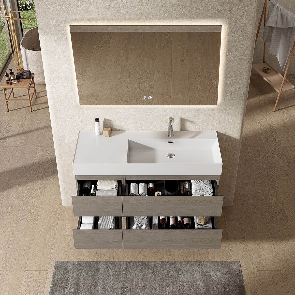 Mobile bagno sospeso 120 cm Beige Lavabo a Destra in Resina Specchio Quadro Retroilluminato - Fiji Wood