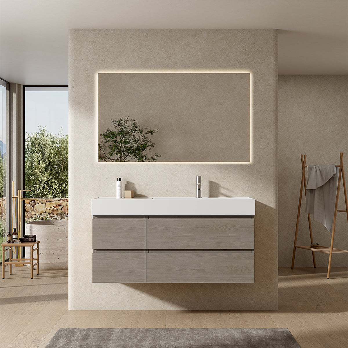 Mobile bagno sospeso 120 cm Beige Lavabo a Destra in Resina Specchio Quadro Retroilluminato - Fiji Wood