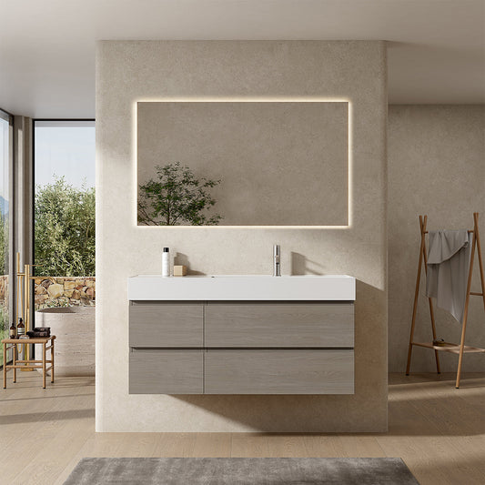 Mobile bagno sospeso 120 cm Beige Lavabo a Destra in Resina Specchio Quadro Retroilluminato - Fiji Wood