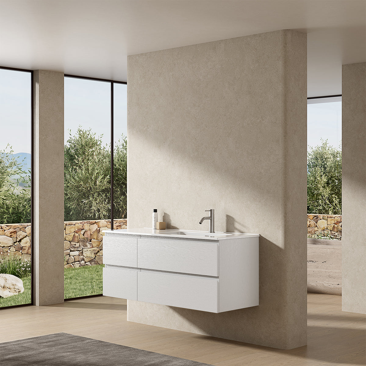 Mobile bagno sospeso 120 cm Bianco Lavabo a Destra in Ceramica Senza Specchio - Fiji Wood